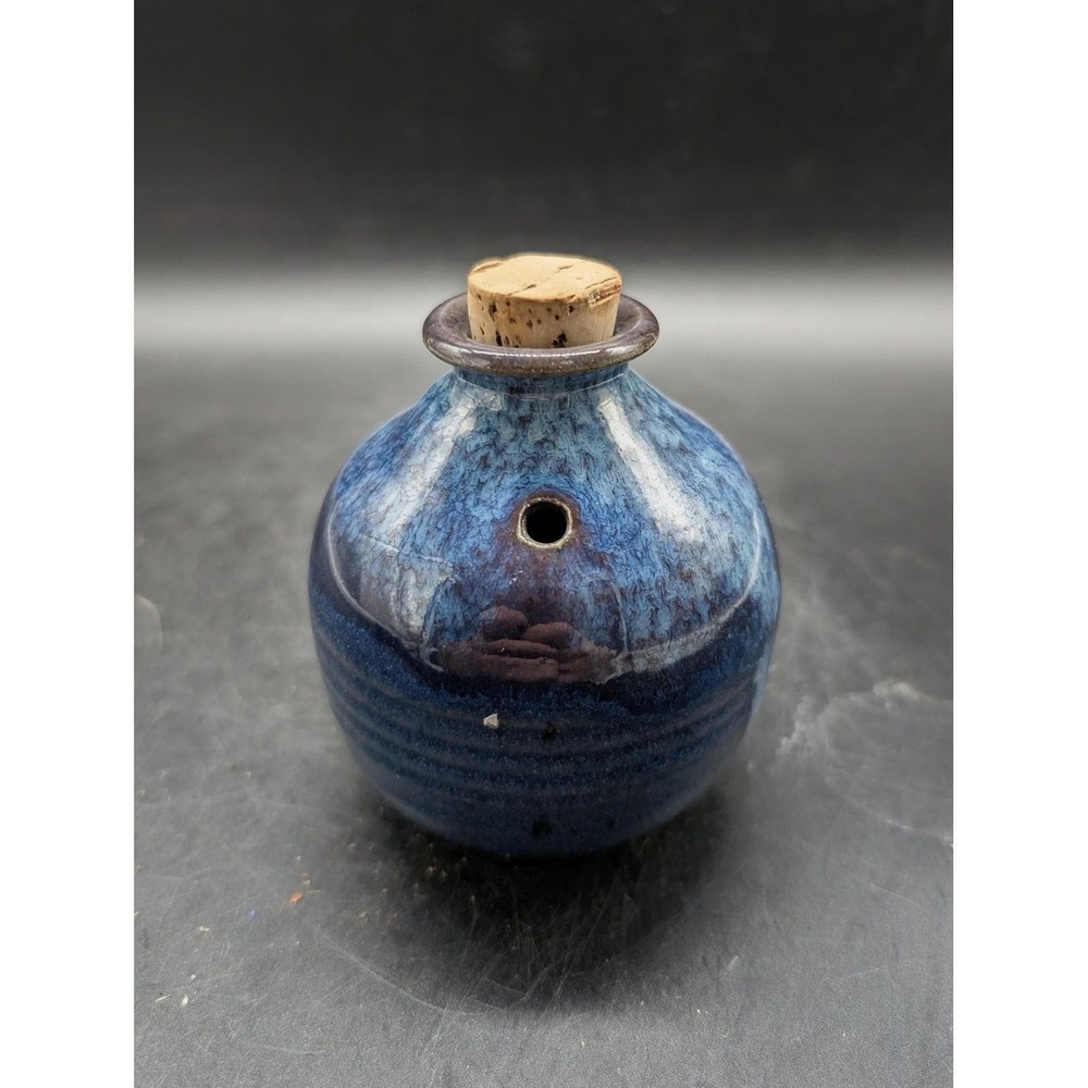 Signed Studio Pottery Blue Reactive Glaze Bottle with Cork Stopper Hand Thrown
